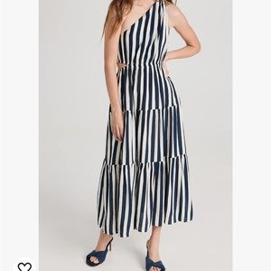 MOON RIVER Women's One Shoulder Cut-Out Tiered Shirred Midi Dress, Navy & White